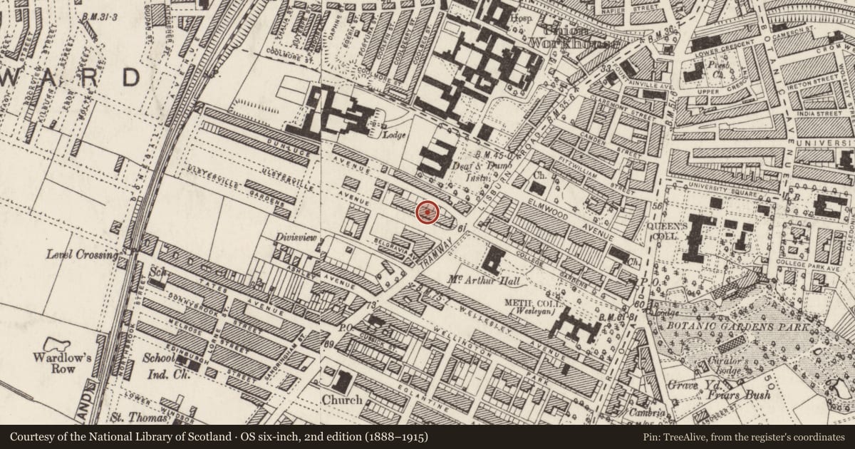 Ordnance Survey six-inch map, 2nd edition (1888–1915) covering the location of 17 Ulsterville Avenue, Belfast, with a pin at the register's coordinates