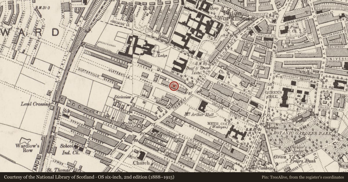 Ordnance Survey six-inch map, 2nd edition (1888–1915) covering the location of 21 Ulsterville Avenue, Belfast, with a pin at the register's coordinates