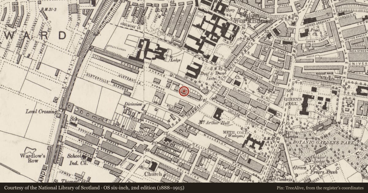 Ordnance Survey six-inch map, 2nd edition (1888–1915) covering the location of 27 Ulsterville Avenue, Belfast, with a pin at the register's coordinates