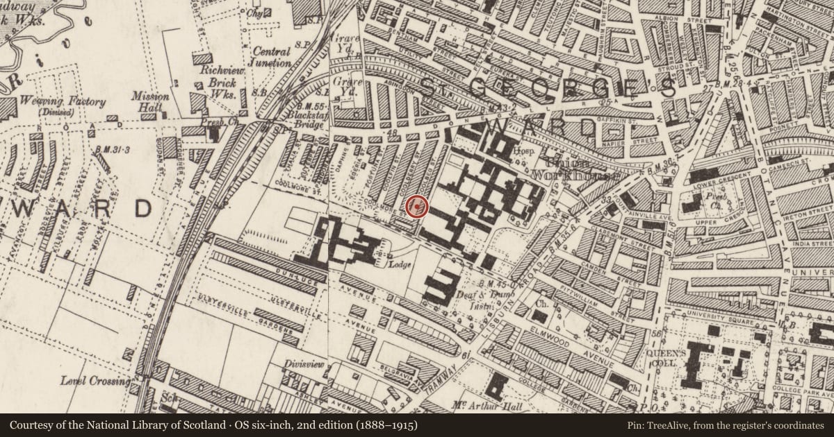 Ordnance Survey six-inch map, 2nd edition (1888–1915) covering the location of Gate Lodge, with a pin at the register's coordinates