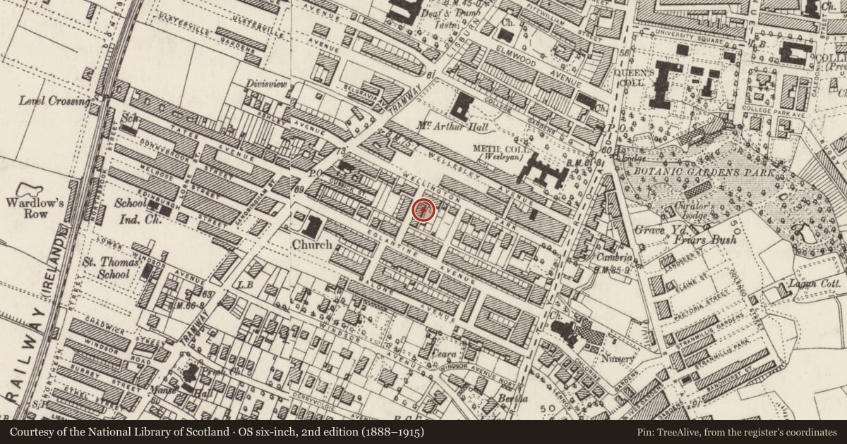 Ordnance Survey six-inch map, 2nd edition (1888–1915) covering the location of 38-40 Wellington Park, with a pin at the register's coordinates