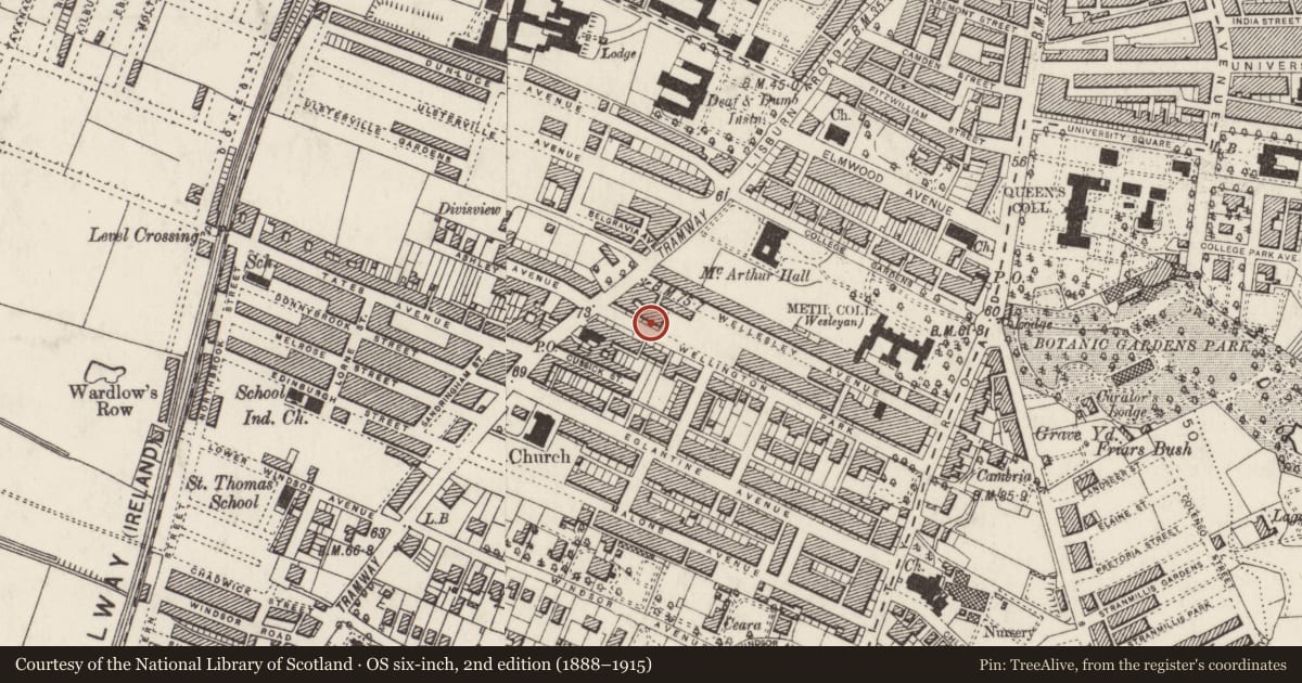 Ordnance Survey six-inch map, 2nd edition (1888–1915) covering the location of 79-85 Wellington Park, with a pin at the register's coordinates