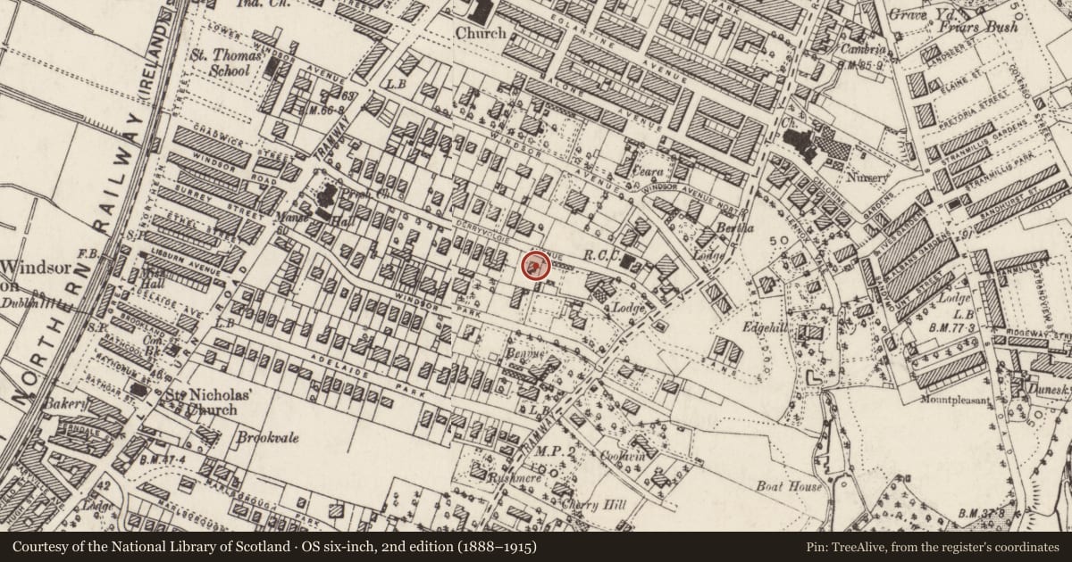Ordnance Survey six-inch map, 2nd edition (1888–1915) covering the location of 47 Derryvolgie Avenue, Malone Lower, Belfast, with a pin at the register's coordinates