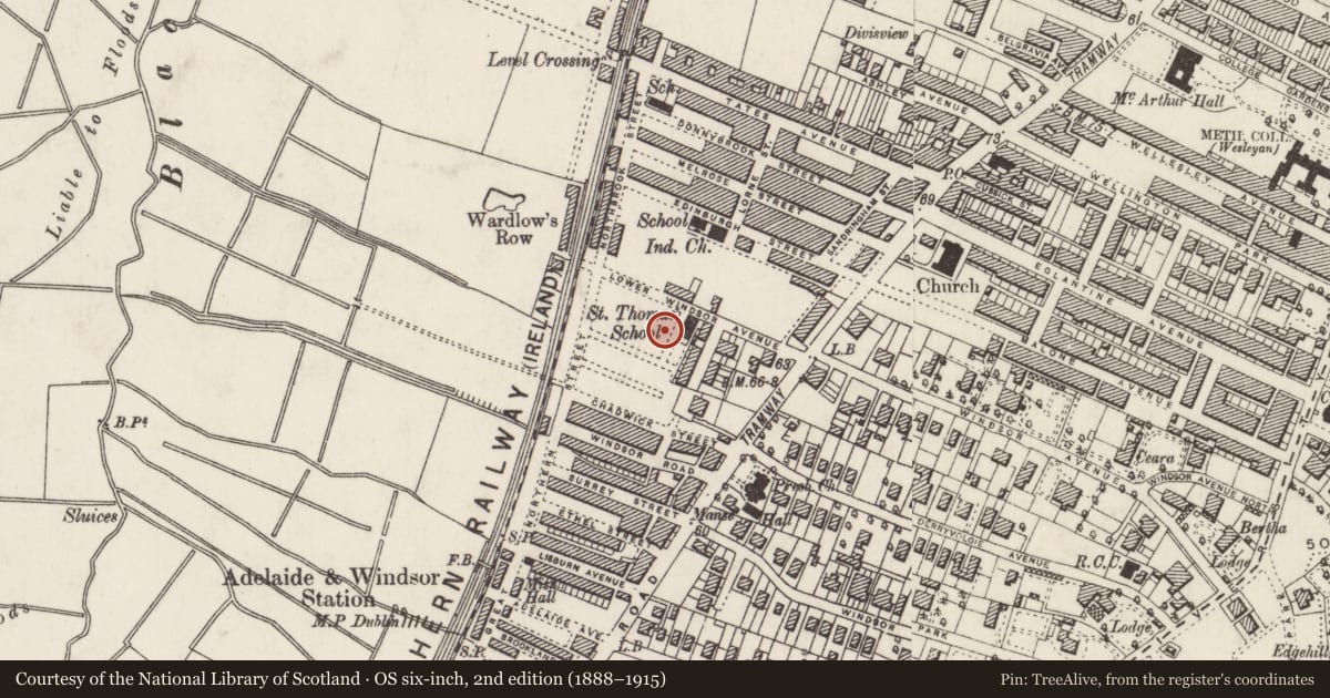 Ordnance Survey six-inch map, 2nd edition (1888–1915) covering the location of 28 Lower Windsor Avenue, with a pin at the register's coordinates