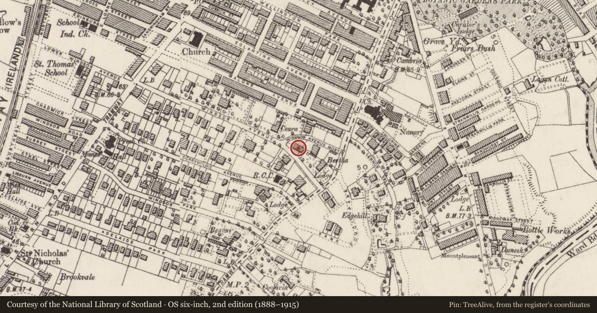 Ordnance Survey six-inch map, 2nd edition (1888–1915) covering the location of 50 Windsor Avenue, Malone Lower, with a pin at the register's coordinates