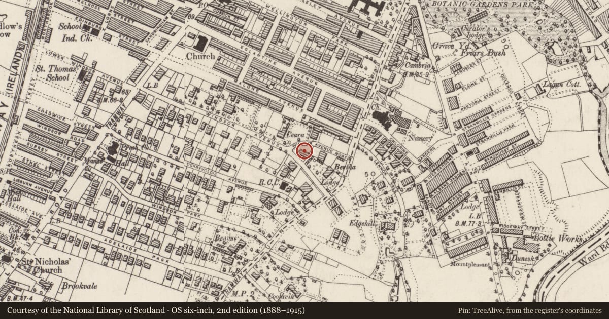 Ordnance Survey six-inch map, 2nd edition (1888–1915) covering the location of 1 Windsor Avenue North, Malone Lower, Belfast, with a pin at the register's coordinates