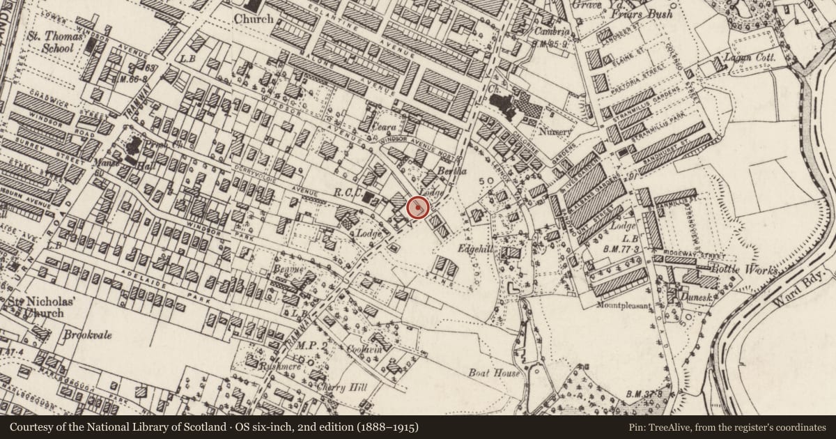 Ordnance Survey six-inch map, 2nd edition (1888–1915) covering the location of 71 Malone Road, with a pin at the register's coordinates