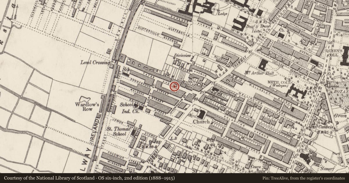 Ordnance Survey six-inch map, 2nd edition (1888–1915) covering the location of 25-31 & 33-39 Tates Avenue, with a pin at the register's coordinates