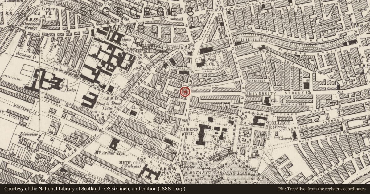 Ordnance Survey six-inch map, 2nd edition (1888–1915) covering the location of 39-41 University Road, with a pin at the register's coordinates