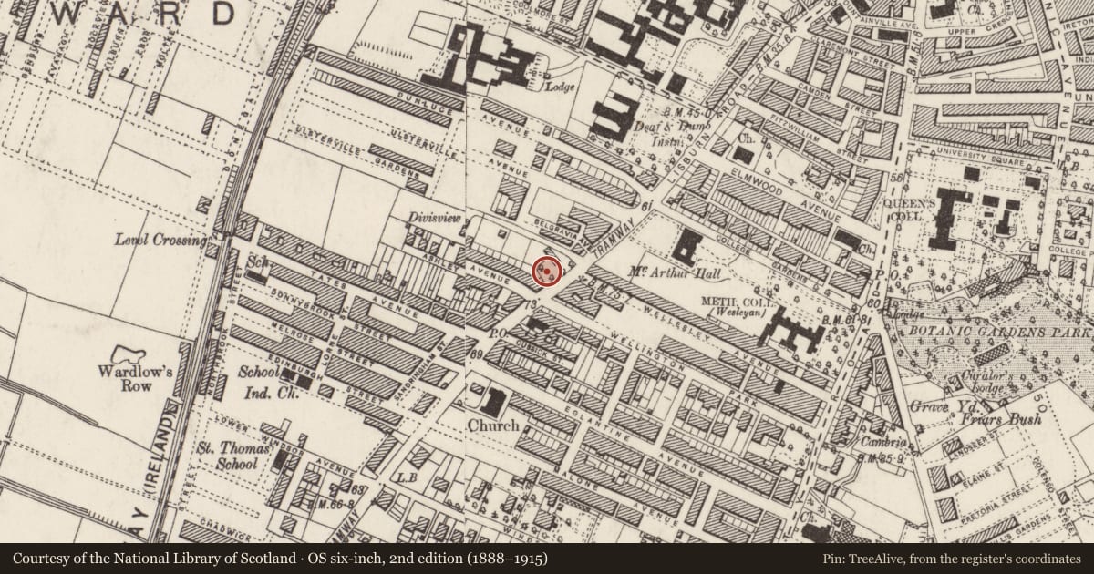 Ordnance Survey six-inch map, 2nd edition (1888–1915) covering the location of Ulsterville Presbyterian Church, Belfast, with a pin at the register's coordinates