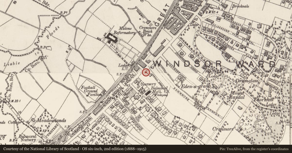 Ordnance Survey six-inch map, 2nd edition (1888–1915) covering the location of 374-382 Lisburn Road, Belfast, with a pin at the register's coordinates