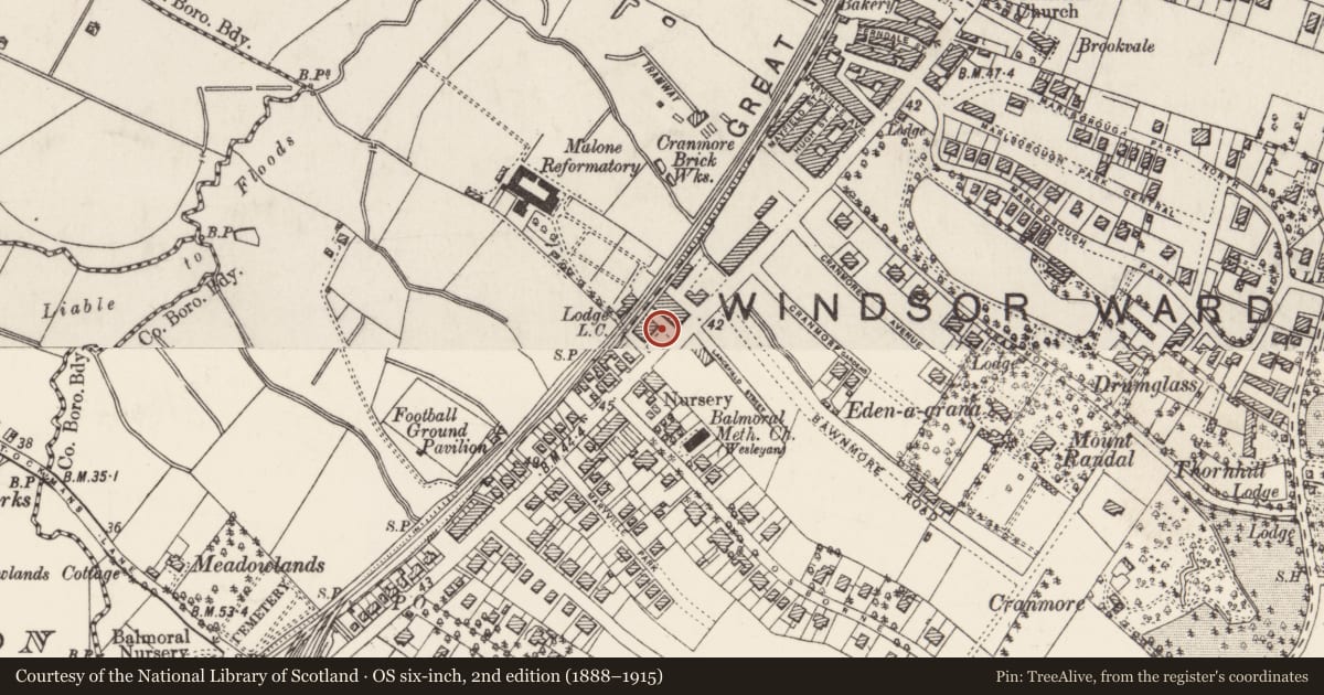 Ordnance Survey six-inch map, 2nd edition (1888–1915) covering the location of 681 Lisburn Road, Belfast, with a pin at the register's coordinates