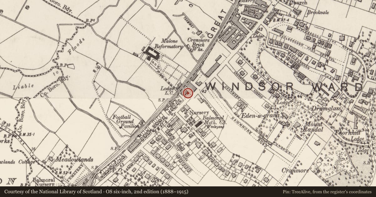 Ordnance Survey six-inch map, 2nd edition (1888–1915) covering the location of 683 Lisburn Road, Belfast, with a pin at the register's coordinates