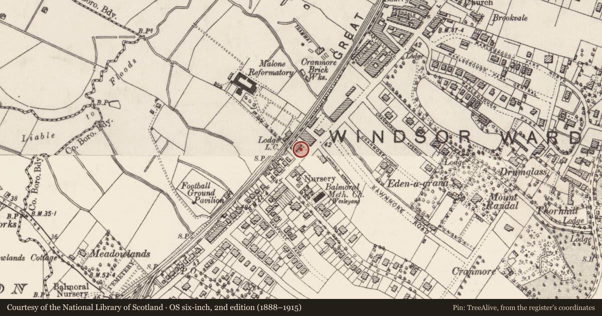 Ordnance Survey six-inch map, 2nd edition (1888–1915) covering the location of 685 Lisburn Road, Belfast, with a pin at the register's coordinates