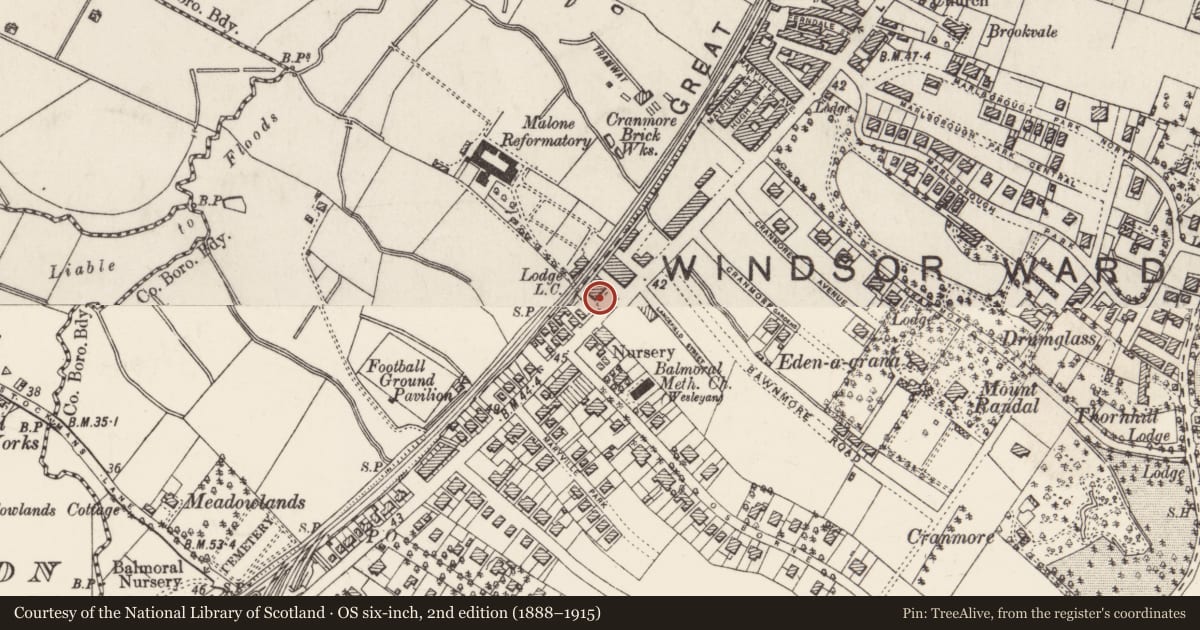 Ordnance Survey six-inch map, 2nd edition (1888–1915) covering the location of 689 Lisburn Road, Belfast, with a pin at the register's coordinates