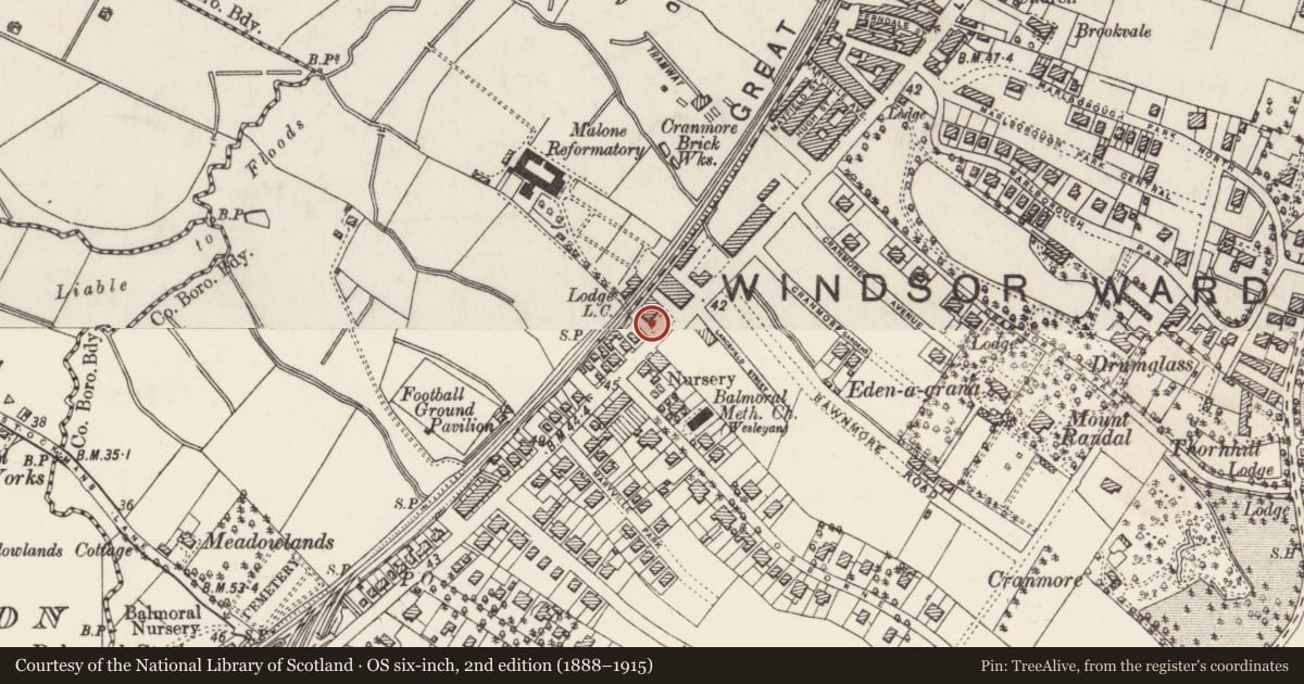Ordnance Survey six-inch map, 2nd edition (1888–1915) covering the location of 691 Lisburn Road, Belfast, with a pin at the register's coordinates