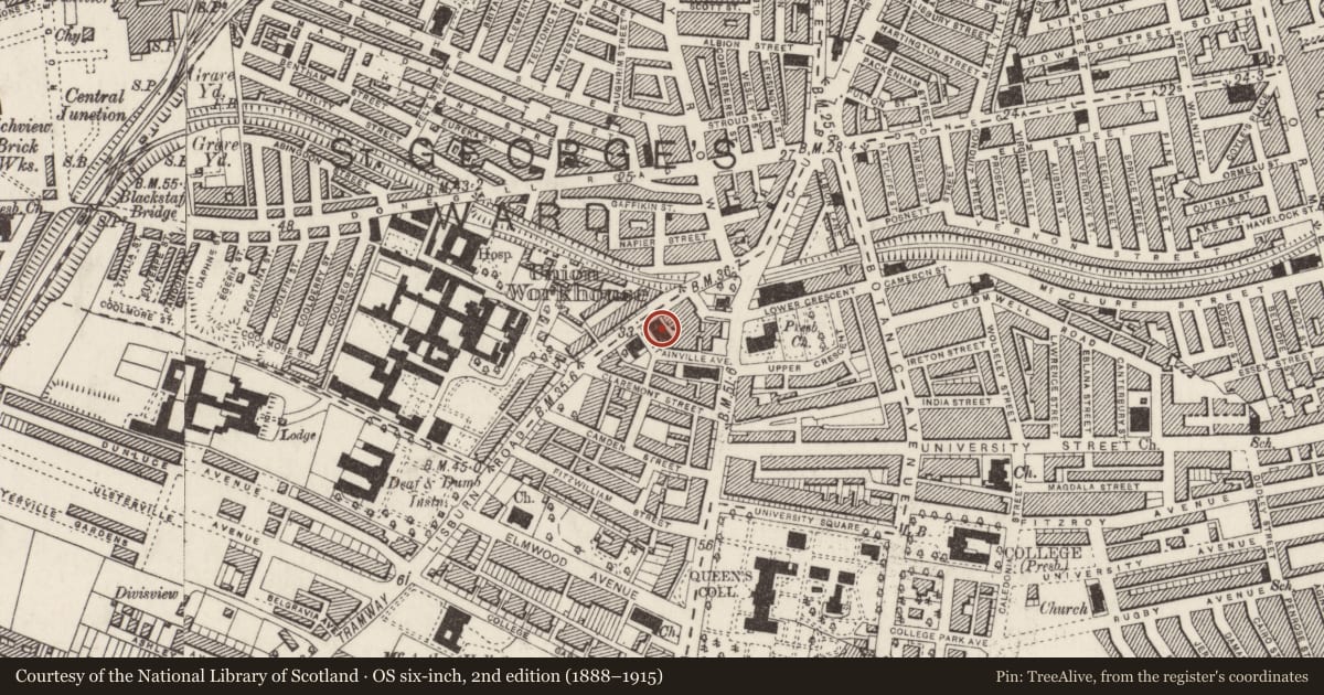 Ordnance Survey six-inch map, 2nd edition (1888–1915) covering the location of Smyth Halls, Belfast, with a pin at the register's coordinates