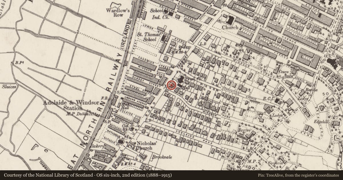 Ordnance Survey six-inch map, 2nd edition (1888–1915) covering the location of Former Malone Telephone Exchange, Belfast, with a pin at the register's coordinates