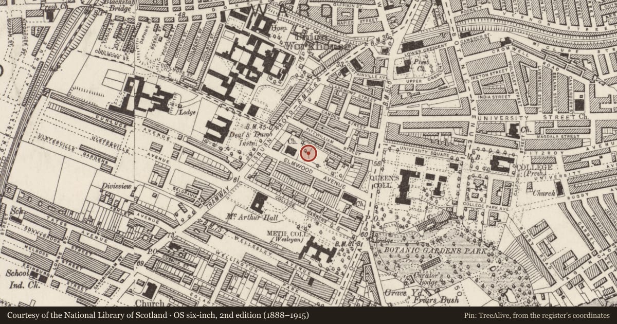 Ordnance Survey six-inch map, 2nd edition (1888–1915) covering the location of Geology Building, Belfast, with a pin at the register's coordinates