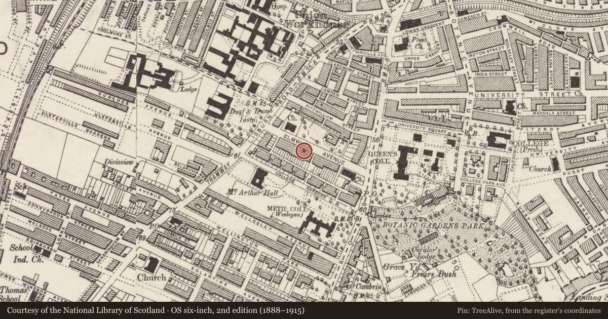 Ordnance Survey six-inch map, 2nd edition (1888–1915) covering the location of Catholic Chaplaincy QUB, 28-38 Elmwood Avenue, Belfast, BT9 6AY, Malone Lower, Belfast, with a pin at the register's coordinates
