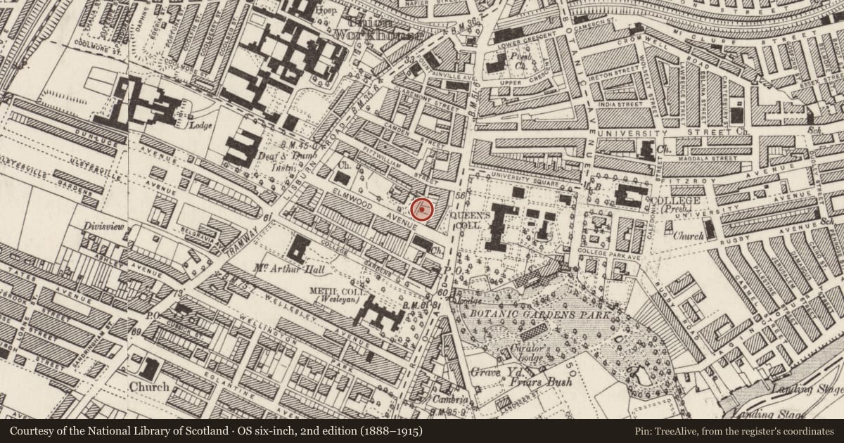 Ordnance Survey six-inch map, 2nd edition (1888–1915) covering the location of Queens University, with a pin at the register's coordinates