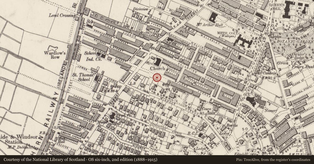Ordnance Survey six-inch map, 2nd edition (1888–1915) covering the location of Belfast Spiritualist Church 134 Malone Avenue Belfast BT9 6ET ** See General Comments **, Belfast, with a pin at the register's coordinates