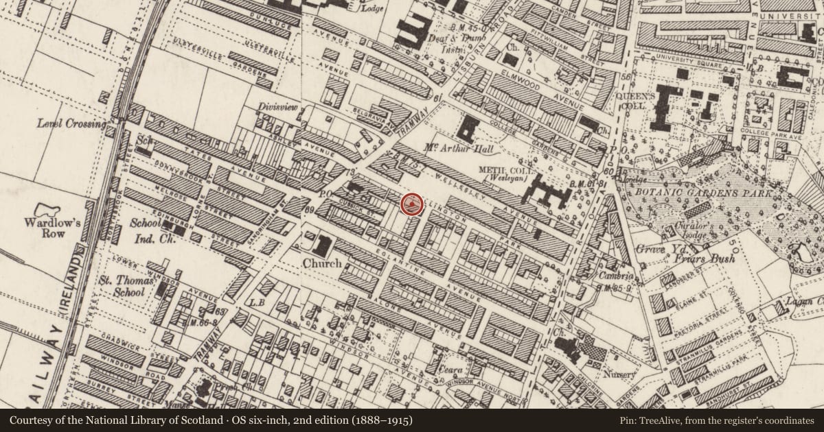 Ordnance Survey six-inch map, 2nd edition (1888–1915) covering the location of Wellington Park Cottage, with a pin at the register's coordinates