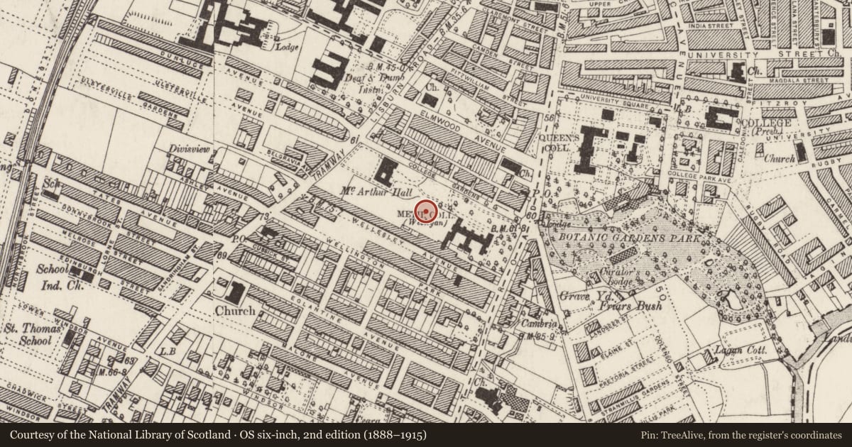 Ordnance Survey six-inch map, 2nd edition (1888–1915) covering the location of Whitla Hall, Malone Lower, Belfast, with a pin at the register's coordinates