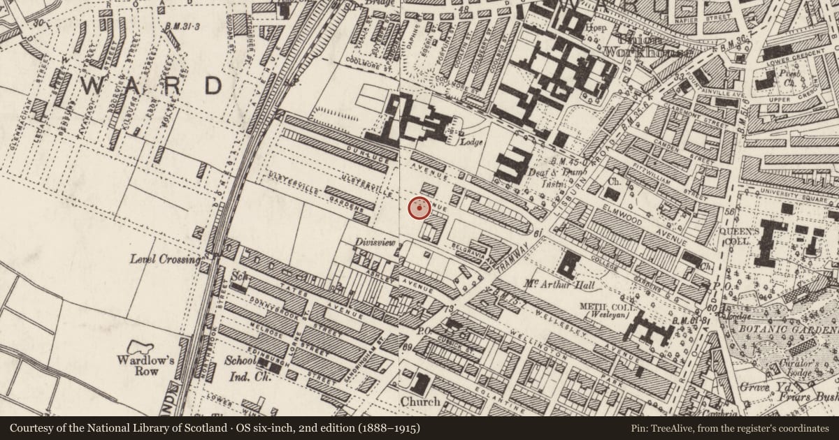 Ordnance Survey six-inch map, 2nd edition (1888–1915) covering the location of 50-56 Ulsterville Avenue, with a pin at the register's coordinates