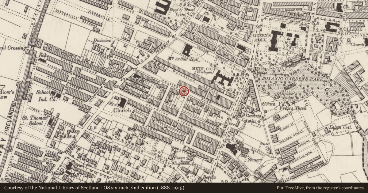 Ordnance Survey six-inch map, 2nd edition (1888–1915) covering the location of 35-39 Wellington Park, with a pin at the register's coordinates