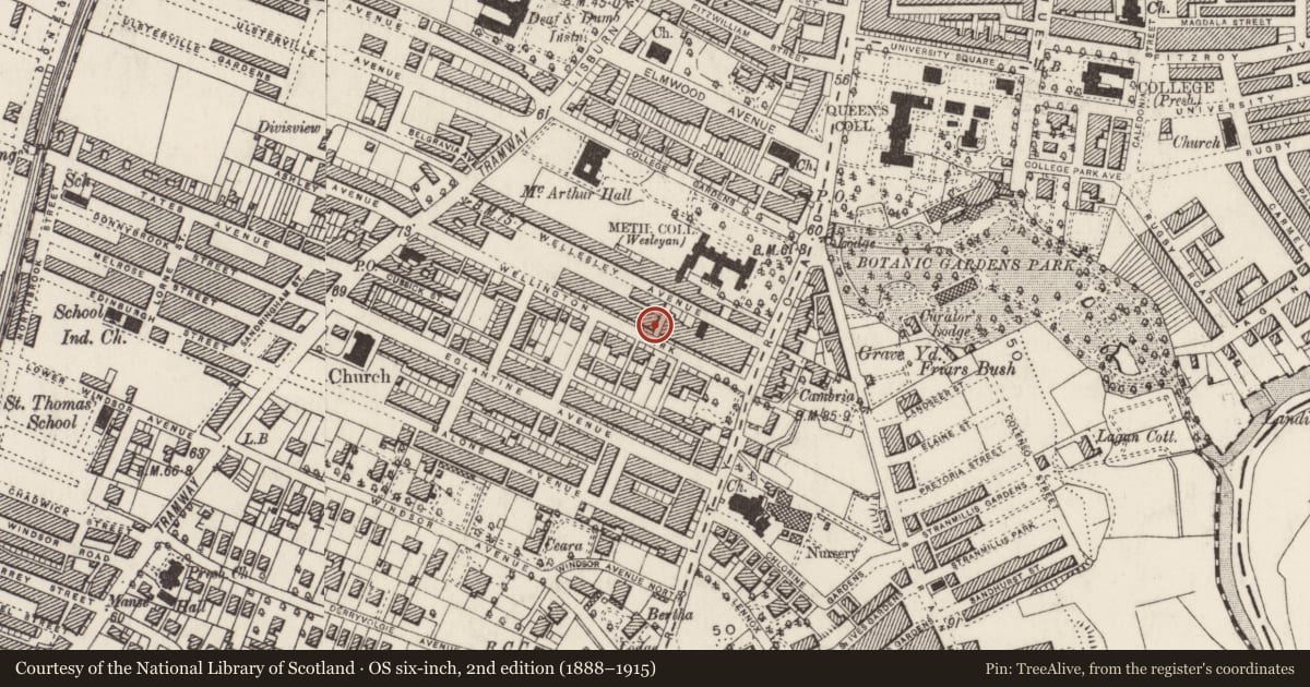 Ordnance Survey six-inch map, 2nd edition (1888–1915) covering the location of 19 Wellington Park, Malone Lower, with a pin at the register's coordinates