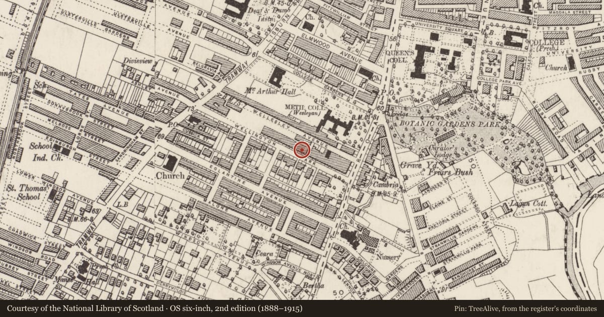 Ordnance Survey six-inch map, 2nd edition (1888–1915) covering the location of 21 Wellington Park, Malone Lower, with a pin at the register's coordinates