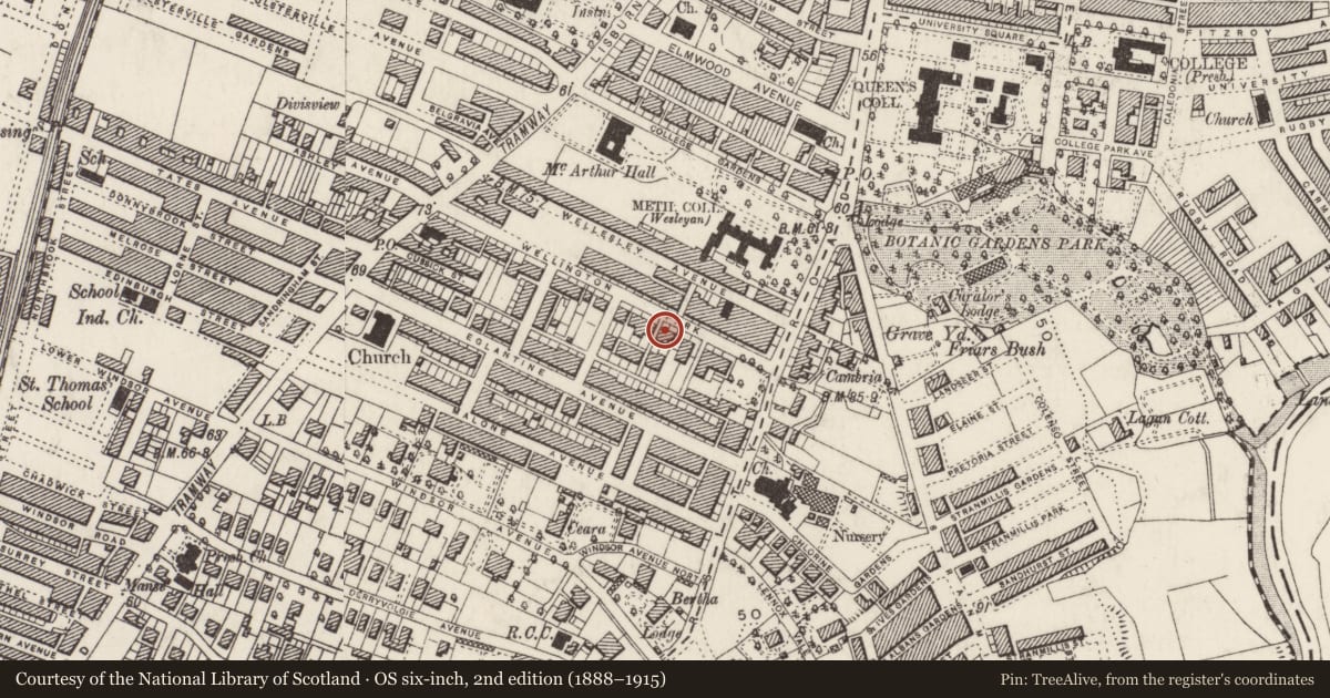 Ordnance Survey six-inch map, 2nd edition (1888–1915) covering the location of 18 & 20 Wellington Park, with a pin at the register's coordinates