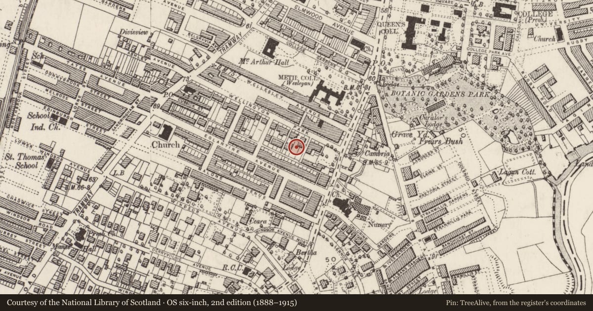Ordnance Survey six-inch map, 2nd edition (1888–1915) covering the location of 14 & 16 Wellington Park, with a pin at the register's coordinates