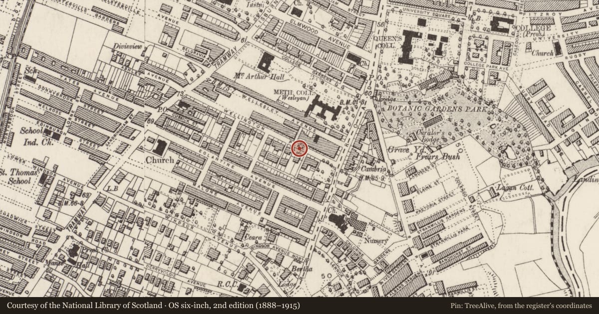 Ordnance Survey six-inch map, 2nd edition (1888–1915) covering the location of 13 Wellington Park, with a pin at the register's coordinates