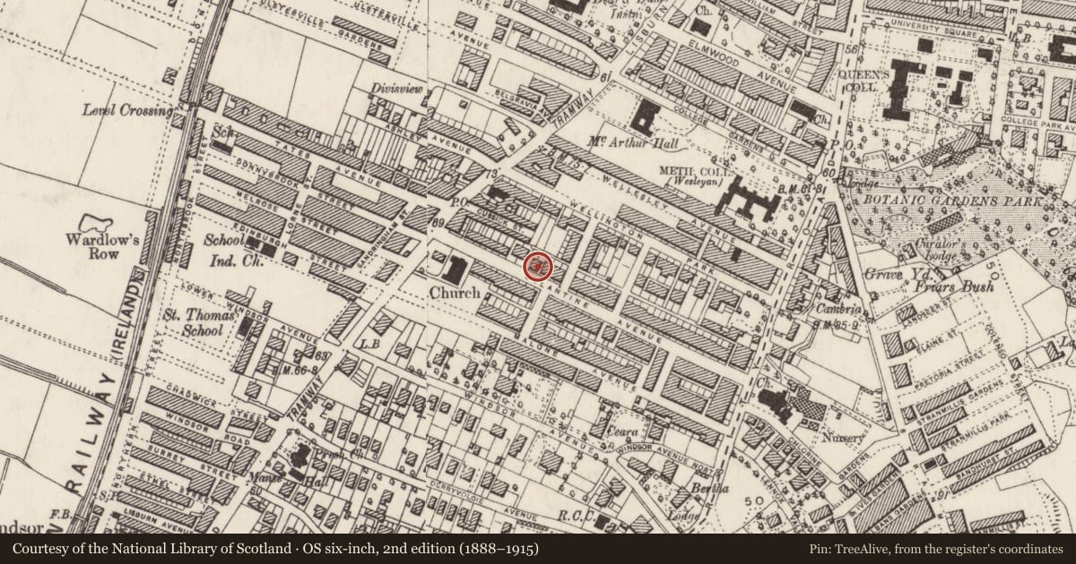 Ordnance Survey six-inch map, 2nd edition (1888–1915) covering the location of 34-36 Eglantine Avenue, with a pin at the register's coordinates