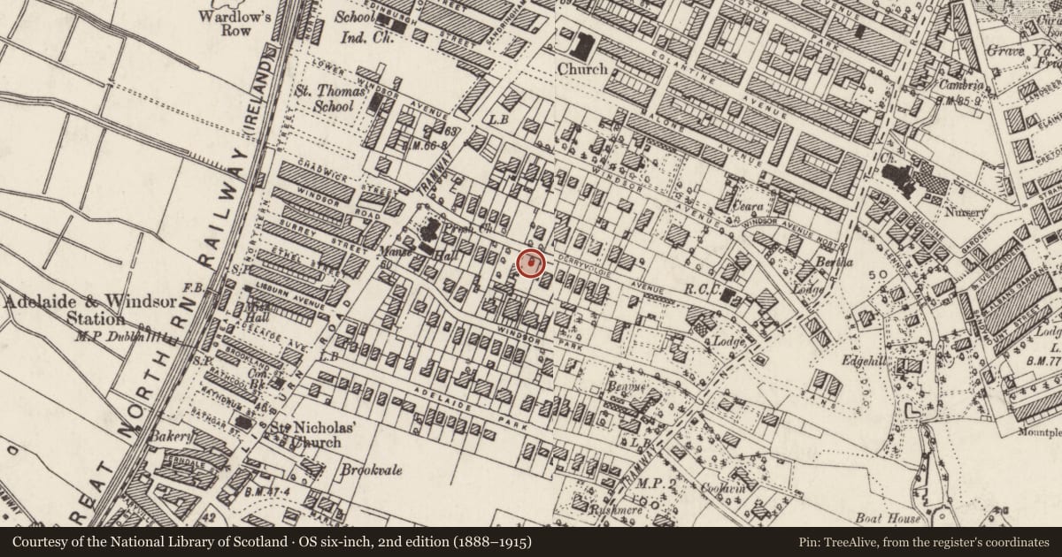 Ordnance Survey six-inch map, 2nd edition (1888–1915) covering the location of 19 Derryvolgie Avenue, with a pin at the register's coordinates