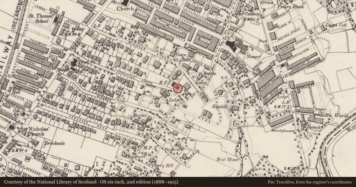 Ordnance Survey six-inch map, 2nd edition (1888–1915) covering the location of 40 Derryvolgie Avenue, with a pin at the register's coordinates