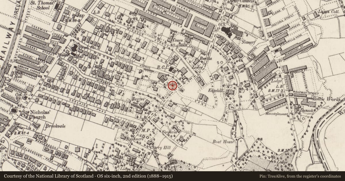 Ordnance Survey six-inch map, 2nd edition (1888–1915) covering the location of Gate Lodge & Gate Screen to Derryvolgie House, with a pin at the register's coordinates
