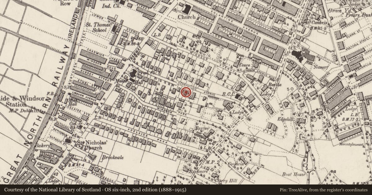 Ordnance Survey six-inch map, 2nd edition (1888–1915) covering the location of 33 Derryvolgie Avenue, with a pin at the register's coordinates