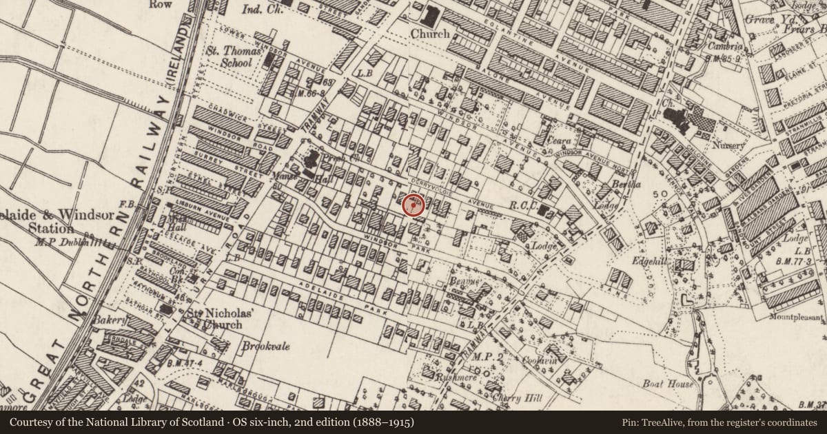 Ordnance Survey six-inch map, 2nd edition (1888–1915) covering the location of 25 Derryvolgie Avenue, with a pin at the register's coordinates