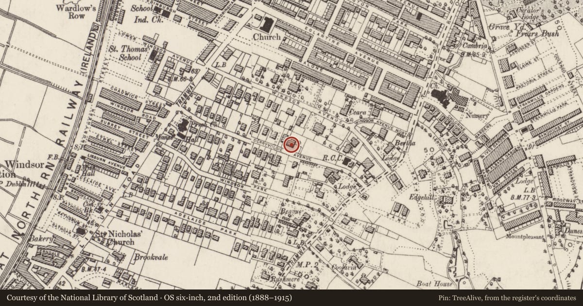 Ordnance Survey six-inch map, 2nd edition (1888–1915) covering the location of 28 Derryvolgie Ave, Malone Lower, Belfast, with a pin at the register's coordinates