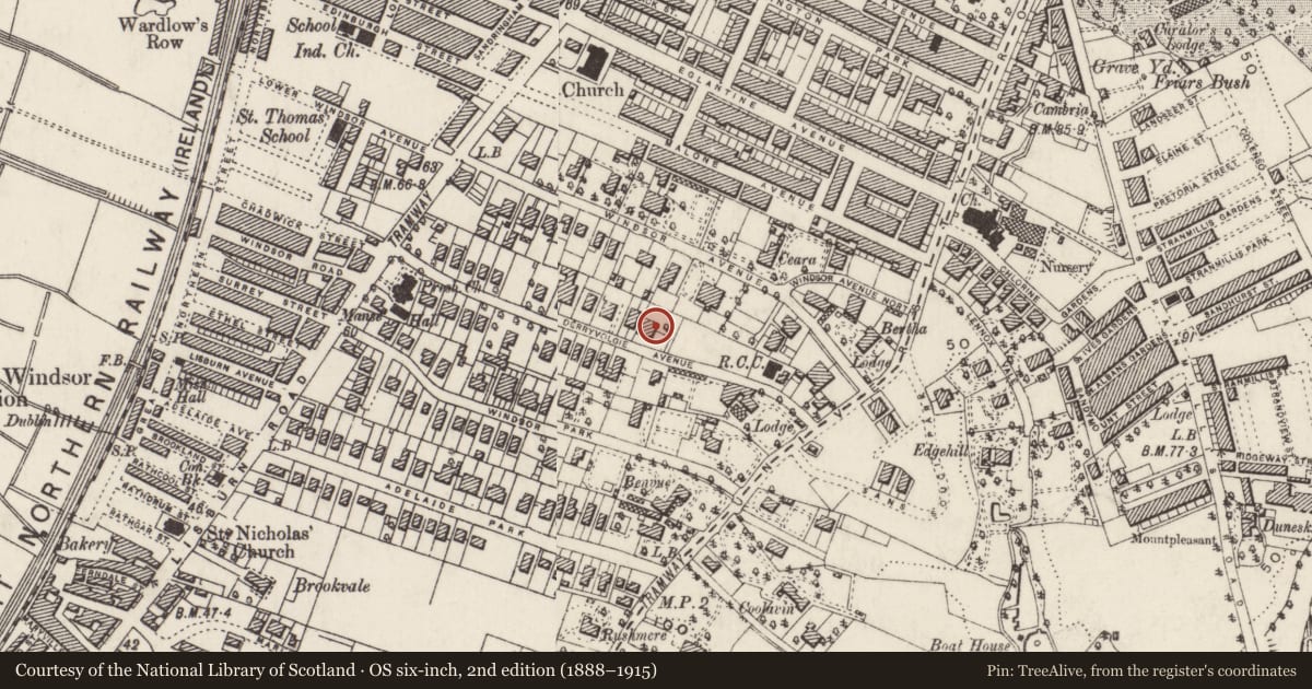 Ordnance Survey six-inch map, 2nd edition (1888–1915) covering the location of 30 Derryvolgie Ave, Malone Lower, Belfast, with a pin at the register's coordinates
