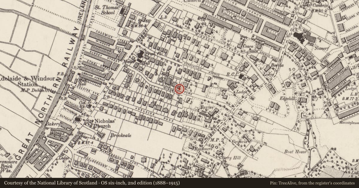 Ordnance Survey six-inch map, 2nd edition (1888–1915) covering the location of Post Box, Malone Lower, Belfast, with a pin at the register's coordinates