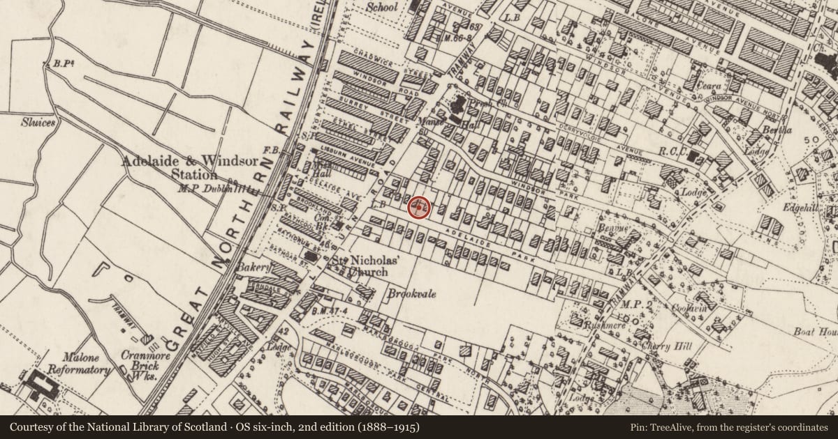 Ordnance Survey six-inch map, 2nd edition (1888–1915) covering the location of 10 Adelaide Park, with a pin at the register's coordinates