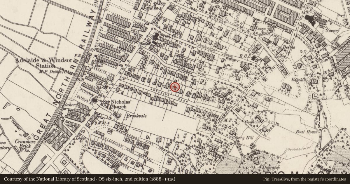 Ordnance Survey six-inch map, 2nd edition (1888–1915) covering the location of 22-24 Adelaide Park, with a pin at the register's coordinates