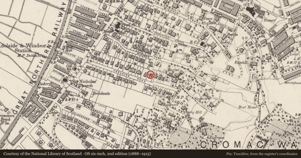 Ordnance Survey six-inch map, 2nd edition (1888–1915) covering the location of 30 Adelaide Park, with a pin at the register's coordinates