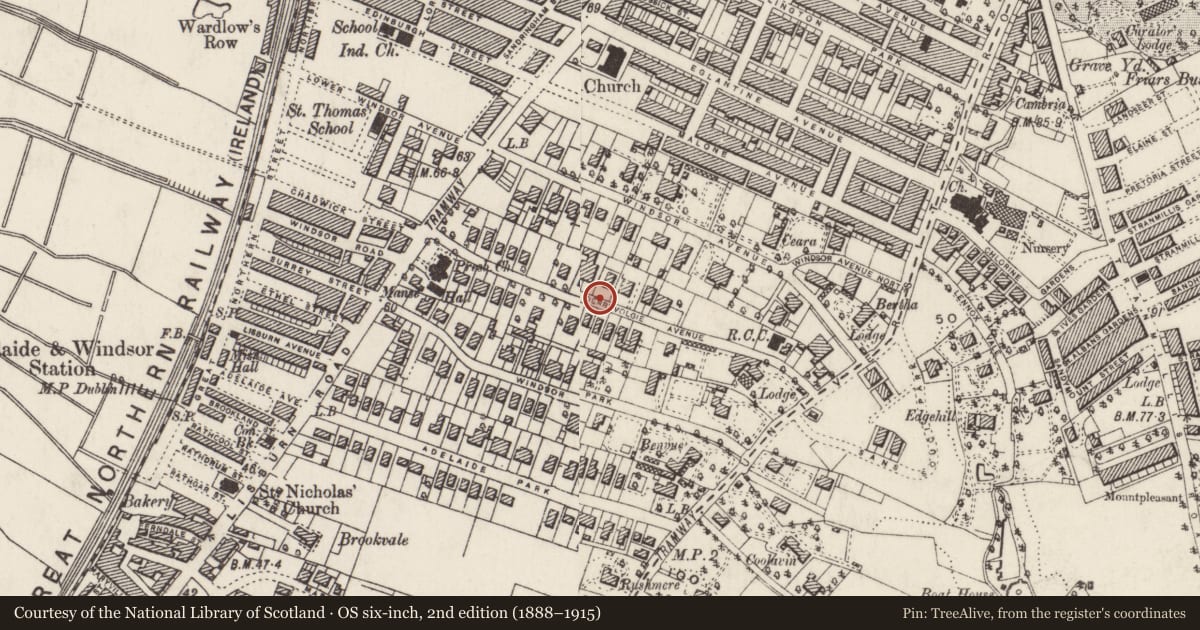 Ordnance Survey six-inch map, 2nd edition (1888–1915) covering the location of Post Box, Malone Lower, Belfast, with a pin at the register's coordinates