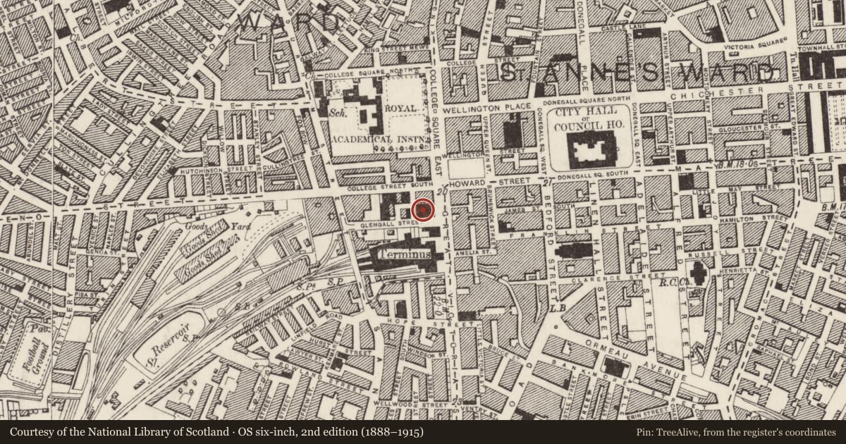 Ordnance Survey six-inch map, 2nd edition (1888–1915) covering the location of The Grand Opera House, Town Parks, Belfast, with a pin at the register's coordinates