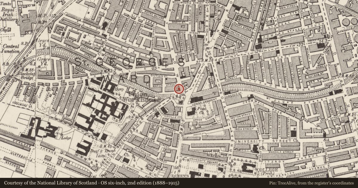 Ordnance Survey six-inch map, 2nd edition (1888–1915) covering the location of 1-5 Malone Place, Malone Lower, Belfast, with a pin at the register's coordinates